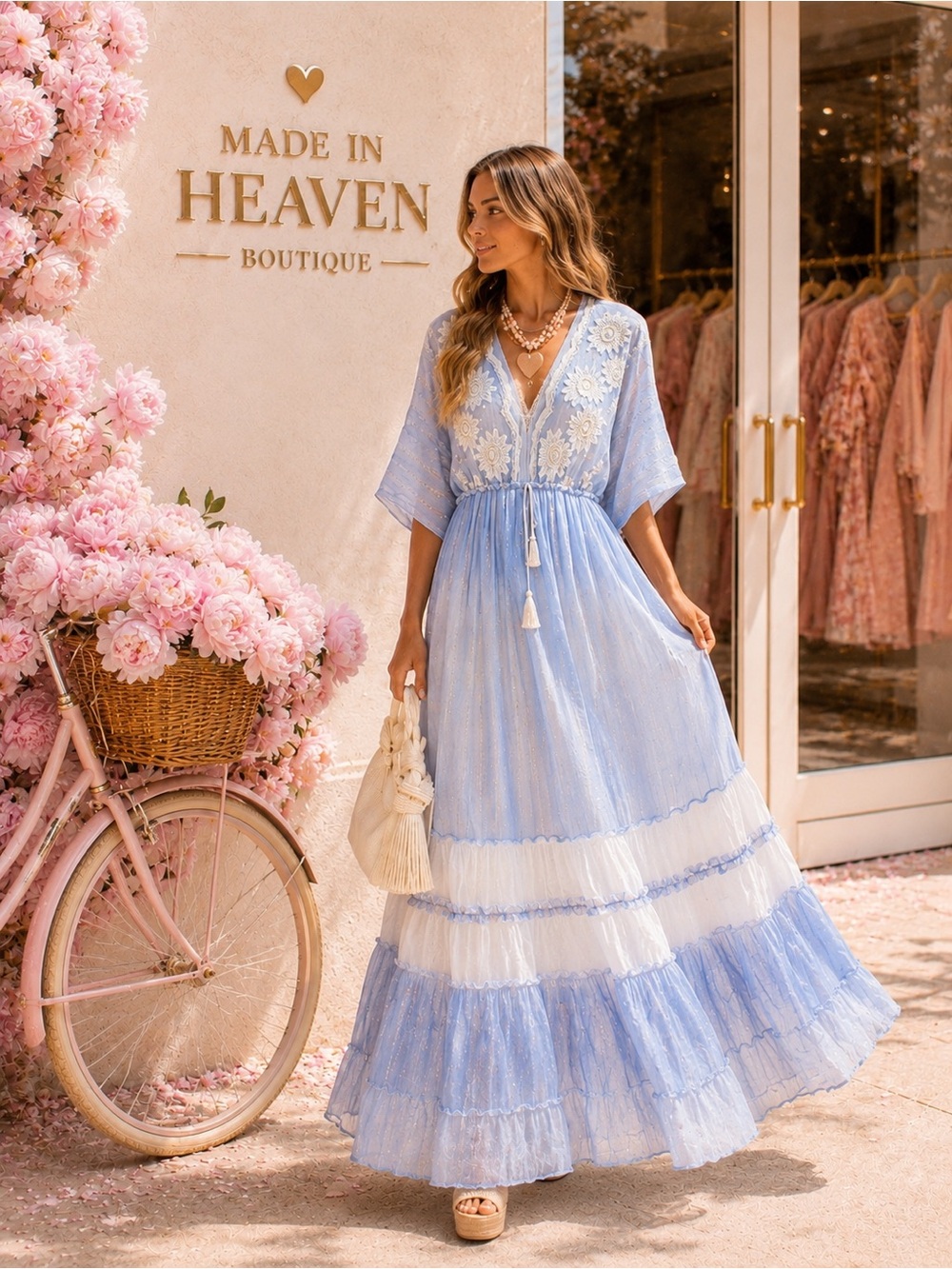 MARINA AZUL Bohemian Light Blue Maxi Dress with White Lace Accents
